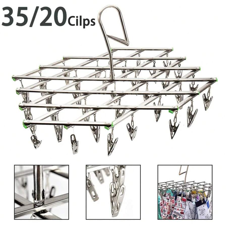 Tendedero Plegable con 35/20 Pinzas de Acero Inoxidable, Resistente al Viento, para Ropa Interior y Calcetines, con Gancho Giratorio, Ahorra Espacio - 20 Cilps - Ver 1