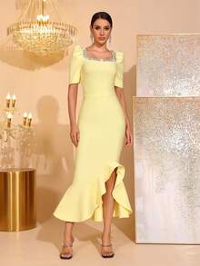 New Arrival Women's Black Sexy Handmade Pearl Ruffle Tie-Up Dress, Formal Gown For Wedding, Party, Banquet - Yellow - View 4