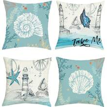 Bộ 4 vỏ gối phong cách hàng hải màu xanh dương mùa hè - Vỏ gối hình hải đăng, sao biển, vỏ sò, dùng cho ghế sofa gia đình, một mặt, không bao gồm ruột gối. - Màu xanh nhạt - Xem 9