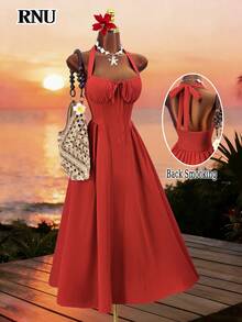 RNU 女士红色纯色度假休闲连衣裙，荷叶边前系带，可爱优雅的细肩带，不对称露背设计，松紧腰身，A字裙摆，夏季新品，优雅时尚，适合派对、泳池派对、约会、度假、旅行、休闲、生日、婚礼宾客等场合。 - 紅色 - 查看 1