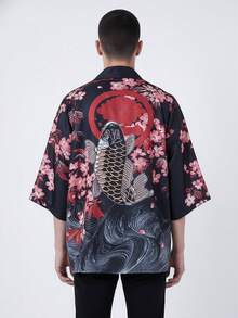 日本浮世绘风格复古罩衫和服，夏季七分袖宽松沙滩罩衫，休闲百搭中式轻薄外套 - 黑色 - 查看 2