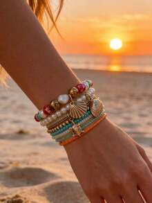 8件套春夏百搭锌合金海龟扇贝吊坠手链套装，搭配编织串珠和ABS仿珍珠叠戴手镯，适合女性日常佩戴、度假及旅行。 - 彩色的 - 查看 4