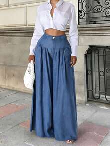 2026 New Spring/Summer Women's Solid Color Casual Elegant Back-To-School, Date, Pleated Wide Leg Pants, Suitable For Valentine's Day, Chinese New Year, Women's Pants, Wide Leg Pants, Women's Trousers, Women's Office Attire, Spring Wear, Office Wear, Elegant Women's , Holiday Women's Attire, Club Wear, Women's Springs, Women's Holiday Wear, Summer Vacation Wear, Women's Birthday - 藍色 - 查看 2