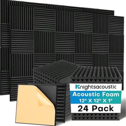 24 Pack Sound Proof Foam Panels For Walls With Self Adhesive, 12x12x1 Acoustic Foam Panels, High Density Acoustic Panels Sound Absorbing, Fire Resistant Studio Sound Proofing Black