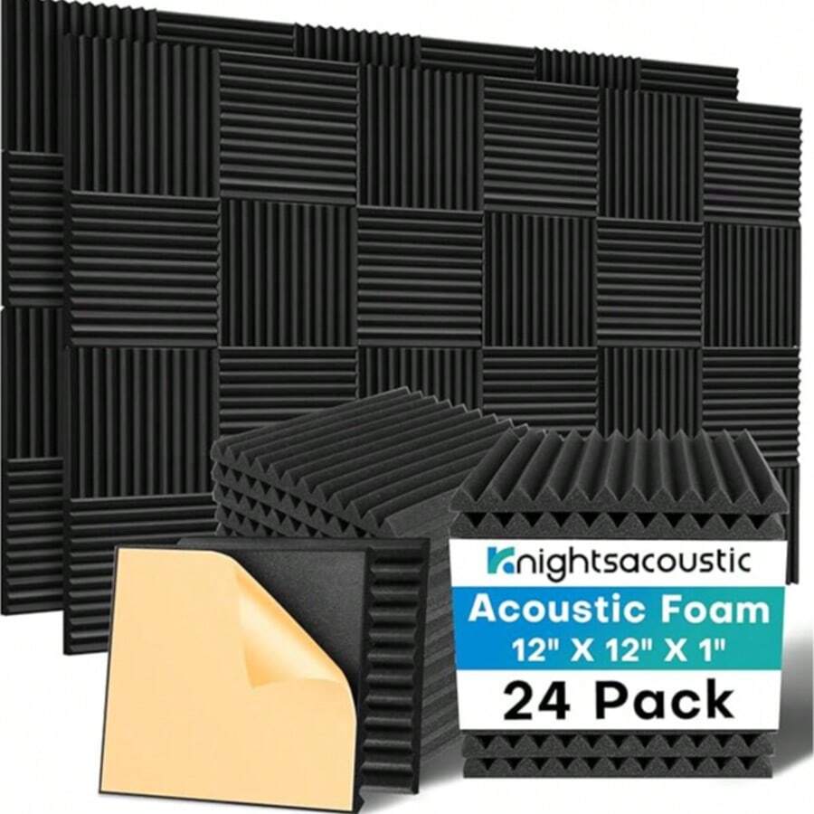 24 Pack Sound Proof Foam Panels For Walls With Self Adhesive, 12x12x1 Acoustic Foam Panels, High Density Acoustic Panels Sound Absorbing, Fire Resistant Studio Sound Proofing Black - Black - View 1