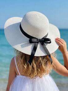 1顶超宽帽檐黑色丝带白色草编遮阳帽，适合幼儿女童，夏季宝宝海滩度假透气防晒帽 - 1PC - 查看 9