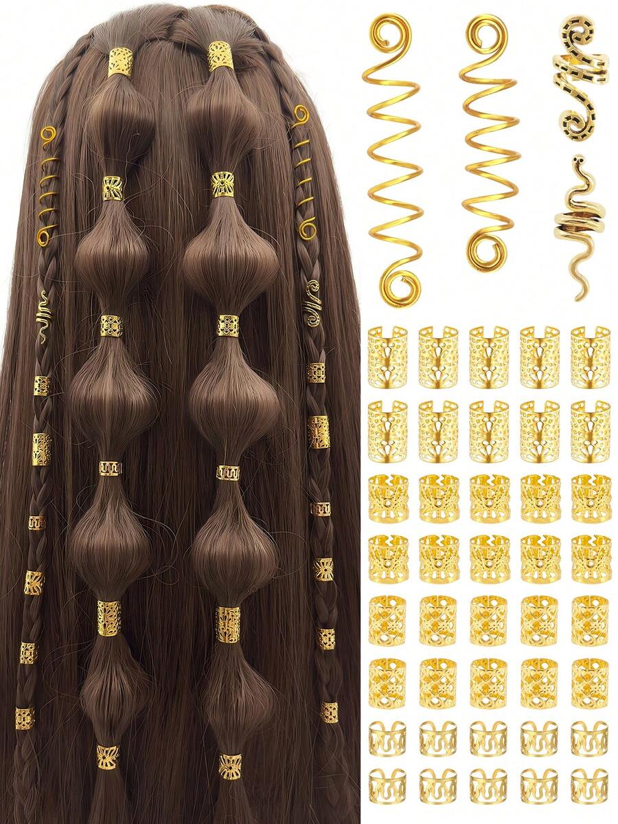 44pcs Multi-Shape Hair Rings With Stretchy Design - Shaped Spring Snake Adjustable Alloy Hair Cuffs, Boho Hair Jewelry For Boy & Girl's Dreadlocks & Braids - Gold - View 1