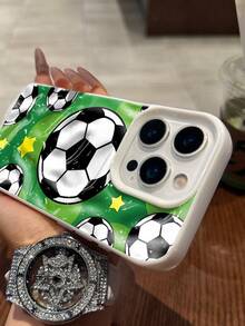 1PC Compatible With IPhone 17/16 Pro Max/15 Plus/14 Pro, Dynamic Sports, Wrinkled TPU, Phone Case, Ins Football Style, Green Base & Soccer Print, Full Coverage Shockproof, Precise Cutouts - White - View 2