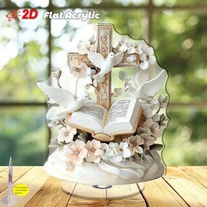 Đồ trang trí để bàn bằng pha lê acrylic xoay 2D, trưng bày hình thánh giá, chim bồ câu, hoa và kinh thánh mở, thích hợp sử dụng trong nhà và ngoài trời, phù hợp với nhiều không gian, không cần điện, dùng cho các dịp lễ kỷ niệm ý nghĩa và trang trí nhà cửa.