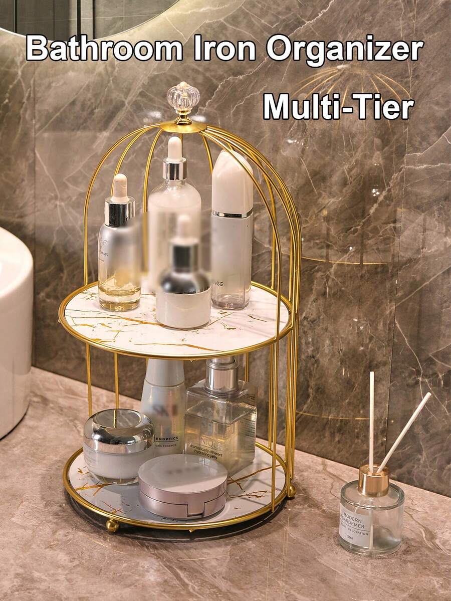 1 pieza Estantería de almacenamiento de cosméticos de metal, soporte para exhibir perfumes, estantería con diseño de jaula de pájaros anti-óxido, adecuado para exhibir cupcakes, pasteles, frutas, bocadillos, bodas, fiestas, postres, bandeja de servir, decoración del hogar, almacenamiento de joyas y cosméticos. - Ver 1