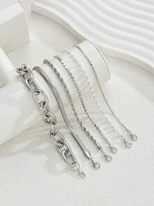 6pcs Vintage Elegant Bohemian Style Metal Multi-Element Faux Pearl Braided Snake Chain Linked Circular Disc Bracelet Set, Minimalist Exaggerated Design Suitable For Women & Men, Summer Beach Party Date Daily Wear Versatile Accessory - Silver - View 3