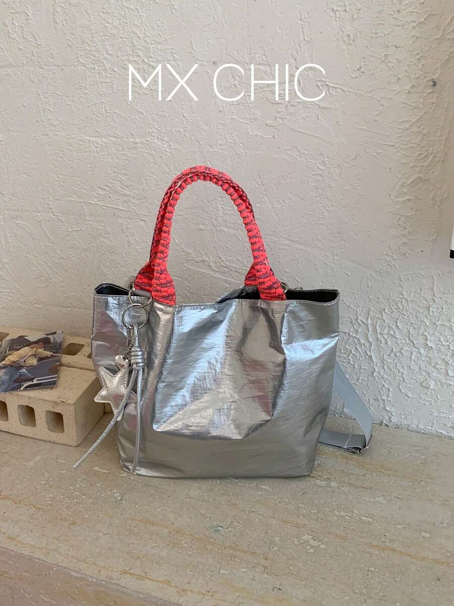1pc Women's Contrast Color Shoulder Crossbody Bag, Large Capacity Glitter Tote Handbag, Suitable For Shopping, Commuting, Gift - Silver - View 1