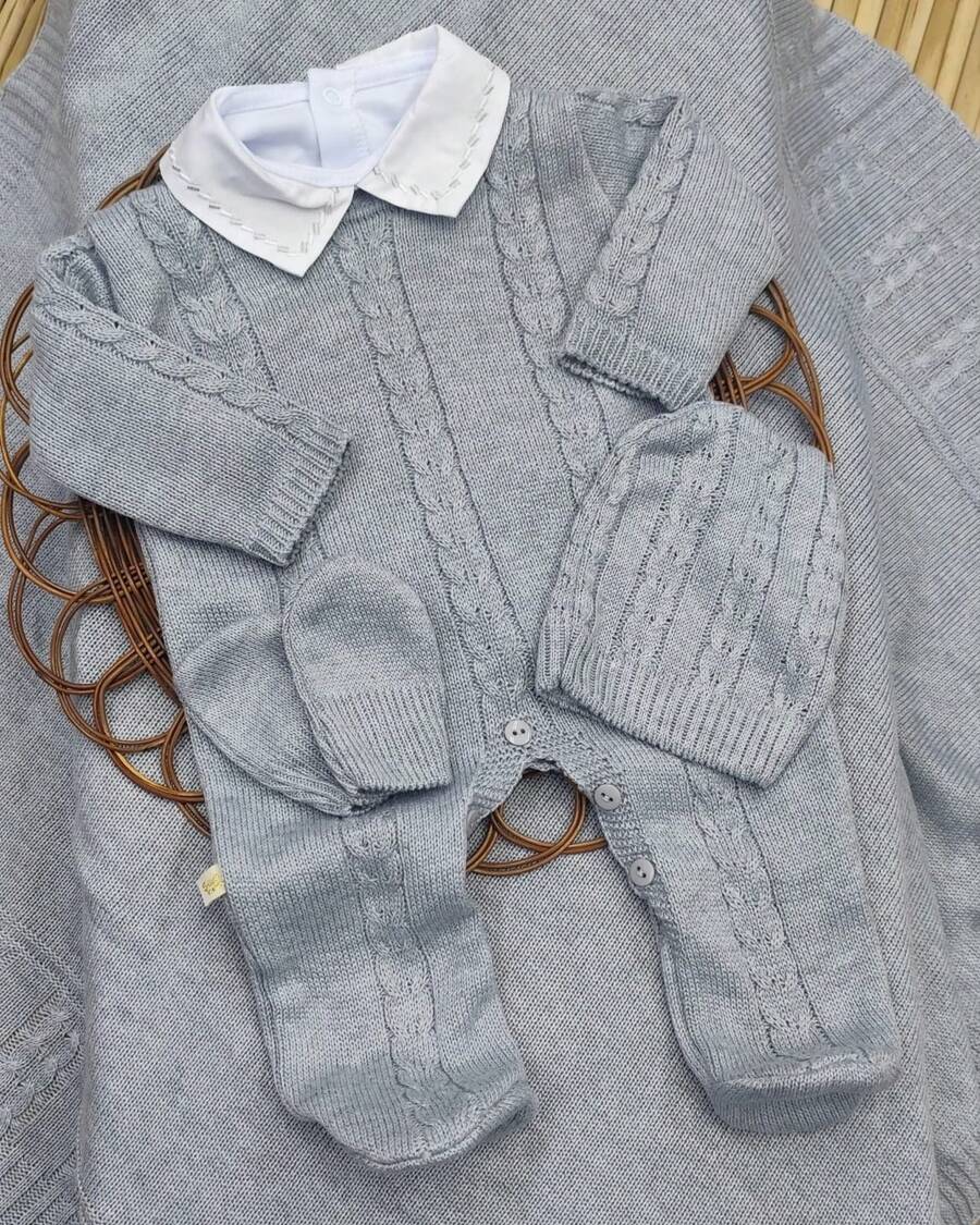 Complete Knitted Baby Outfit - , Blanket, Hat, And Mittens - Light Grey - View 1