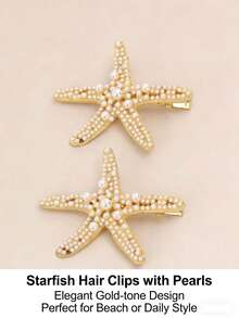1件海洋系列女士发饰INS星形发夹珍珠海星压力夹 - 金色 - 查看 3