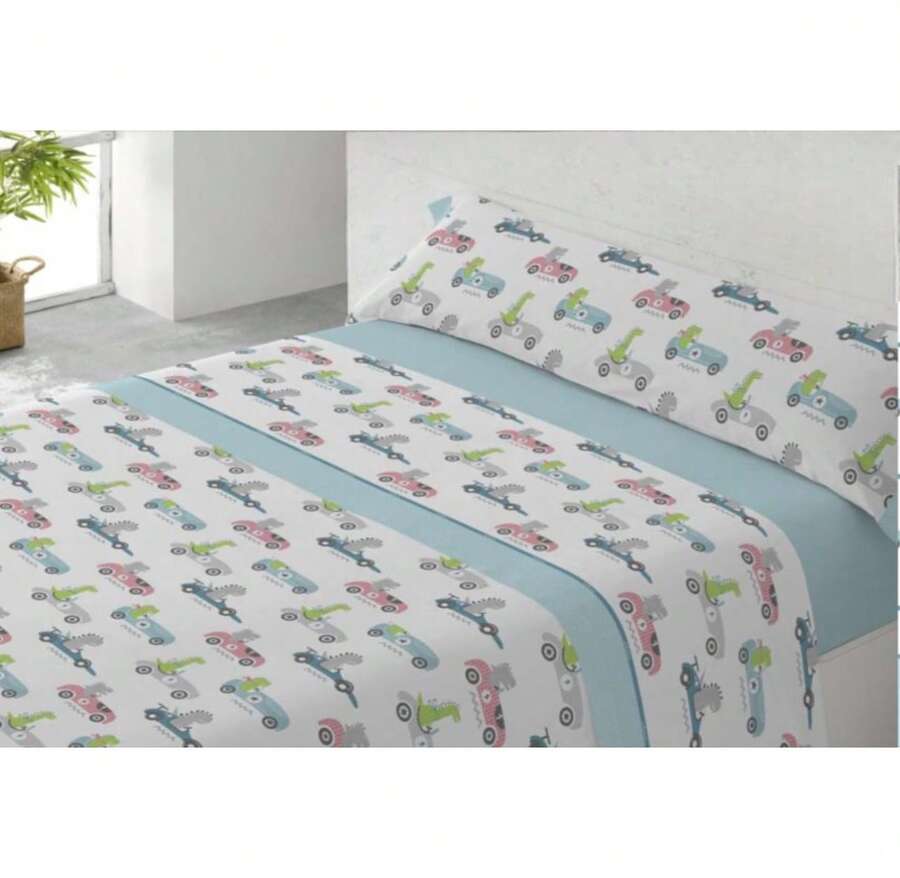 Children's Sheet Set For Beds 90-105cm, 3 Pieces - 1 Fitted Sheet, 1 Top Sheet And 1 Pillowcase - Dino Race - View 1
