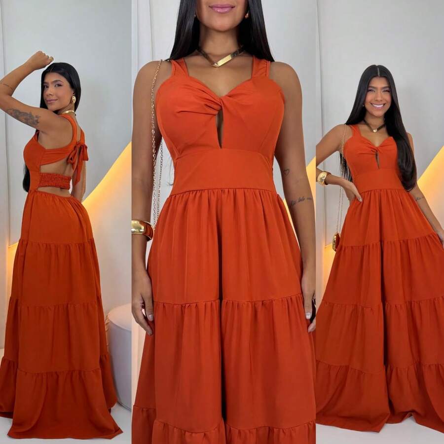Women's Long Dress With Butterfly Knot - 紅陶 - 查看 1