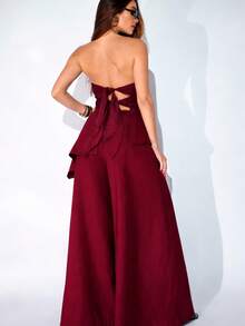 Women's Set: Asymmetrical Peplum Top And Elegant Wide-Leg Pants By Marrant - 酒紅色 - 查看 2