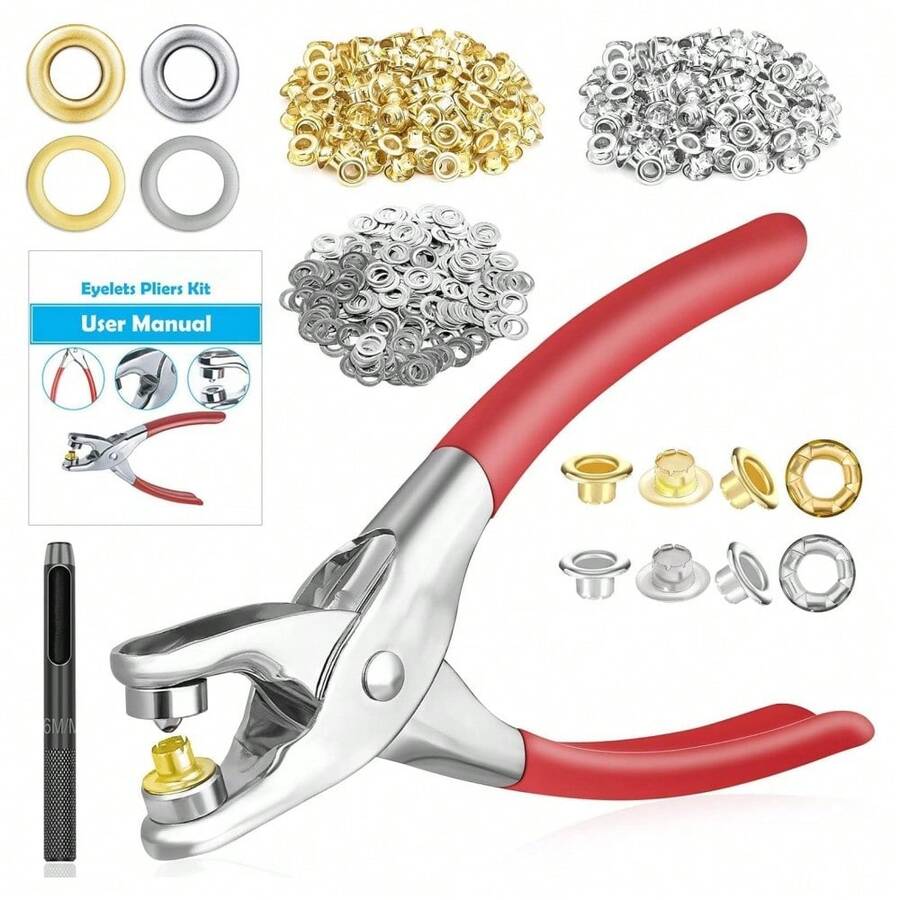 803Pcs Grommet Eyelet Pliers Kit, 1/4 Inch 6mm (Inside Diameter) Grommet Tool Kit With 800 Metal Eyelets With Washers In Gold And Silver, Eyelet Grommet Hand Press Kit For Leather/Belt/Shoes/Crafts