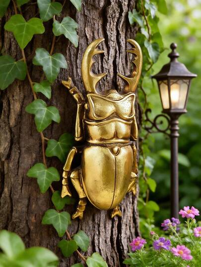 Metallic Gold Resin Stag Beetle Garden Ornament, Vintage Insect Wall Art For Outdoor Use, Weatherproof Miniature Bug Sculpture For Tree Trunks, Fences & Balconies, Cottagecore Yard Decor To Enhance Green Space, Eye-Catching Resin Figurine Blends With Ivy, Flowers & Natural Foliage, Perfect For Boho, Rustic Garden Themes, Premium Resin Craftsmanship For Year-Round Outdoor Beauty
