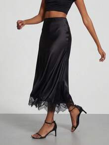 Chân váy satin phối ren thanh lịch dành cho nữ, thích hợp cho mùa xuân/hè. - màu đen - Xem 3