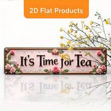 2D平面金属墙饰“下午茶时光” - 3.9x15.7英寸（10x40厘米）农舍茶会装饰牌，饰有精致的粉色茶杯和花卉图案 - 轻巧的室内/室外装饰，适用于茶室、咖啡馆和家居 - 完美呈现2D平面效果 - A - 查看 1