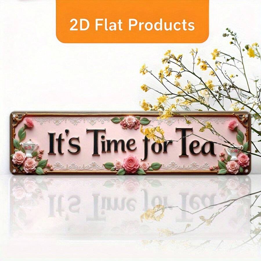 2D平面金属墙饰“下午茶时光” - 3.9x15.7英寸(10x40厘米)农舍茶会装饰牌,饰有精致的粉色茶杯和花卉图案 - 轻巧的室内/室外装饰,适用于茶室、咖啡馆和家居 - 完美呈现2D平面效果 - A - 查看 1