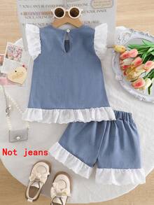2pcs/Set Girls Casual Bowknot Ruffle Solid Color Soft Comfortable Woven Fabric Sleeveless Top And Shorts Set, Suitable For Outdoor Wear, Spring/Summer - Light Wash - View 9