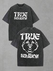 True Religions Buddha Logo Distressed Oversized Graphic Tee Men's Short Sleeve Pure Cotton T-Shirt Loose Fit, Y2K Streetwear Vintage Casual Retro Aesthetic Baggy 100% Cotton Pullover Gift - 黑色 - 查看 1