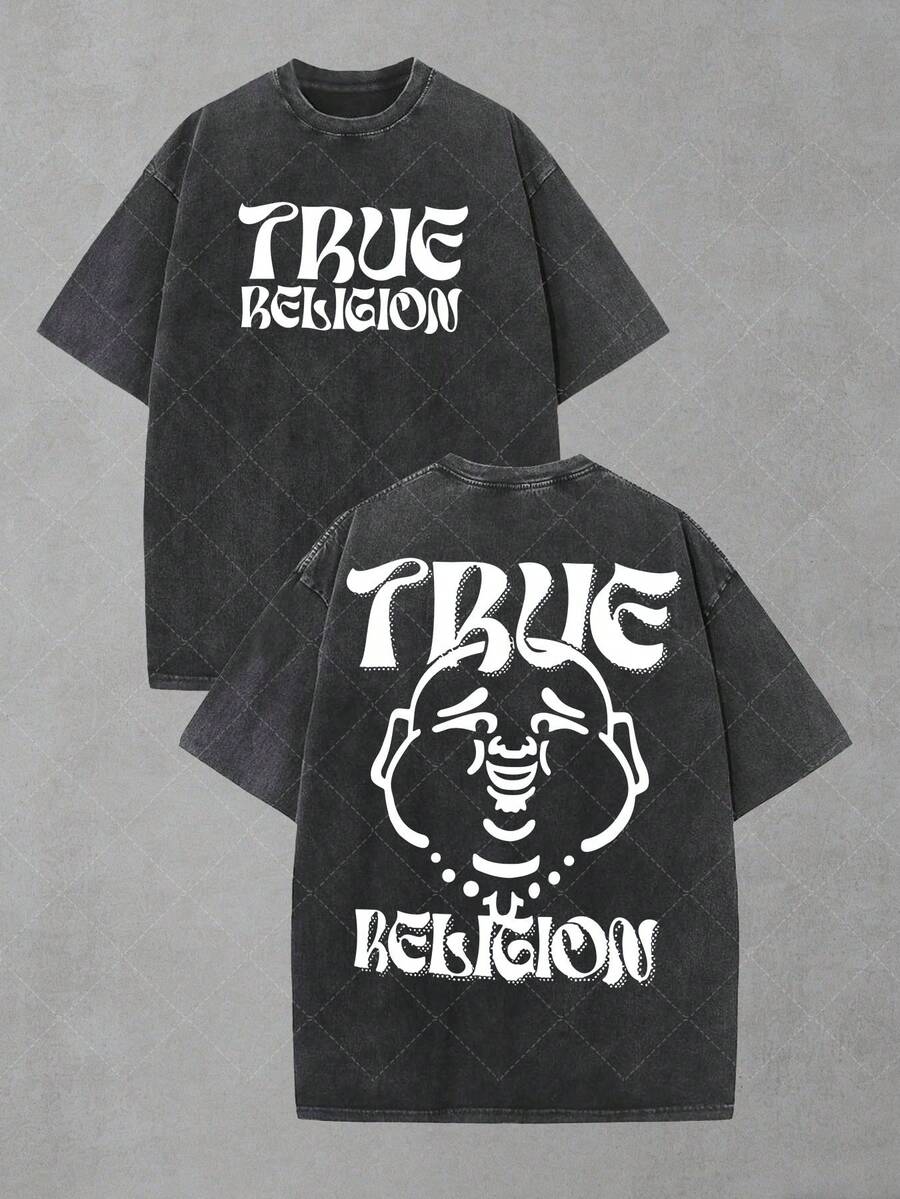 True Religions Buddha Logo Distressed Oversized Graphic Tee Men's Short Sleeve Pure Cotton T-Shirt Loose Fit, Y2K Streetwear Vintage Casual Retro Aesthetic Baggy 100% Cotton Pullover Gift - 黑色 - 查看 1
