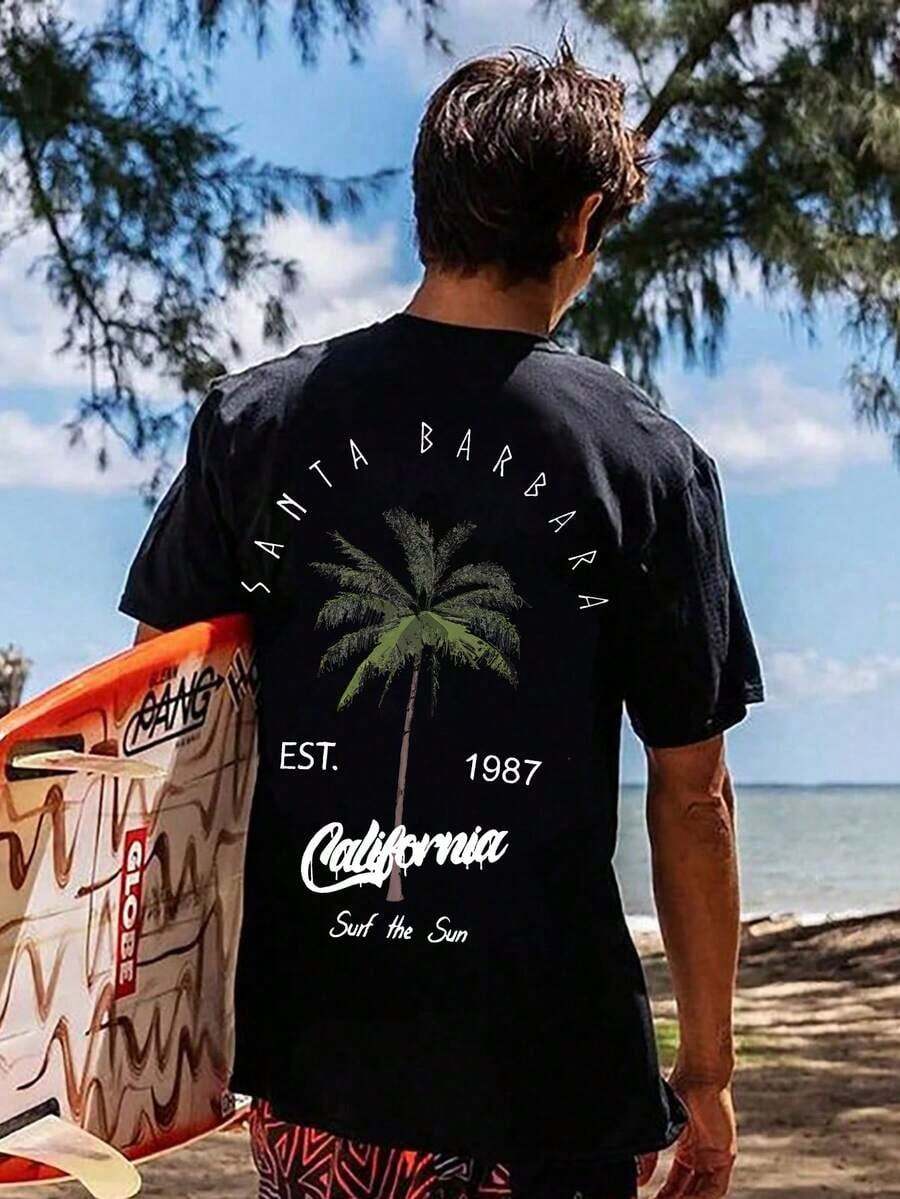 Coastal | New Men's Summer T-Shirt With Coconut Tree And Letter Print, Short Sleeve, Crew Neck, Casual Holiday Wear, 100% Cotton - 黑色 - 查看 1