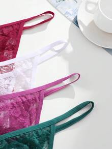 FINETOO 4pcs/Set Plus Size Women Solid Color Lace Pattern Sexy Sheer Low-Waist Thong Panties - Multicolor - View 6
