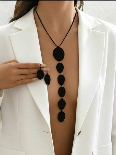 2pcs Geometric Asymmetrical Oval Pendant Necklace & Earrings Set, Metallic Finish, Exaggerated Extra Long Necklace, Personalized Jewelry Set, Snake Bone Chain Y-Necklace, Party/Formal Dress Accessory Set