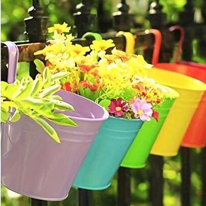 1pc Colorful Metal Hanging Flower Pot, Rustic Balcony Wall-Mounted Flower, With Built-In Hook, Suitable For Gardening Enthusiasts, Retro Balcony Plant Bucket For Balcony, Fence, Yard, Home Gardening Decor