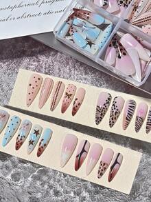 96Pcs Leopard Print Y2K Long Stilettos Gradient False Nails Star Print Ribbon Bow French Press On Nails Sweet Cool Full Cover Fake Nails - Multicolor - View 6