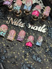10pcs Handmade Fully Covered Short Square Type Acrylic Kit, French Nails In Various Colors Such As Pink, Purple, Mint Green, And Sky Blue, Hand-Painted Black Zebra Stripes, Pink And Black Leopard Spots, And Rose Red Polka Dots, 3D Silver Metal Hollowed Out Stars, Silver Hollowed Out Butterflies, Moons, Bows - Multicolor - View 6