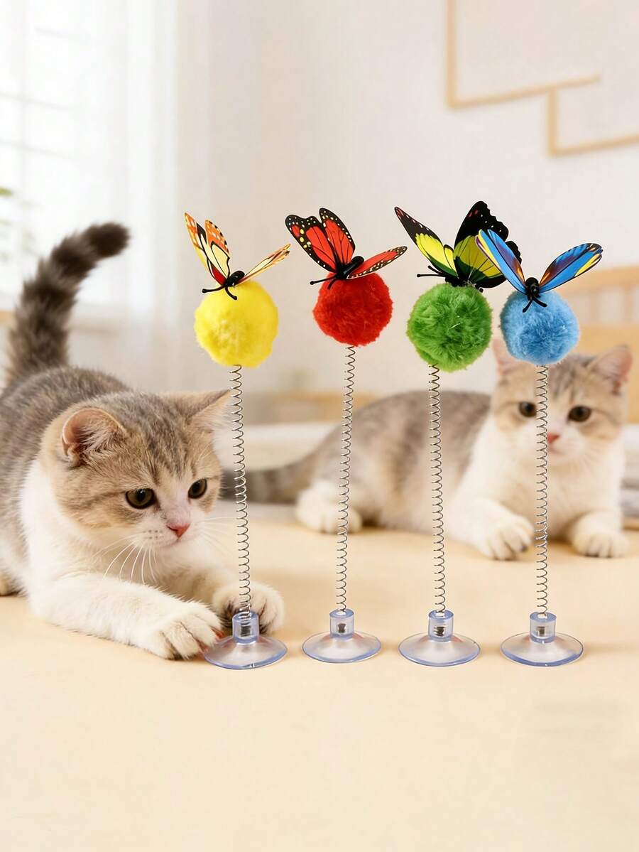 1/3/5pcs Cat Spring Ball Toys With Suction Cup & Butterfly Design, Fabric Interactive Self-Entertainment Cat Toys, Suitable For All Breeds, Battery-Free, Pet Entertainment | Interesting Design | Battery-Free - Multicolor - View 1