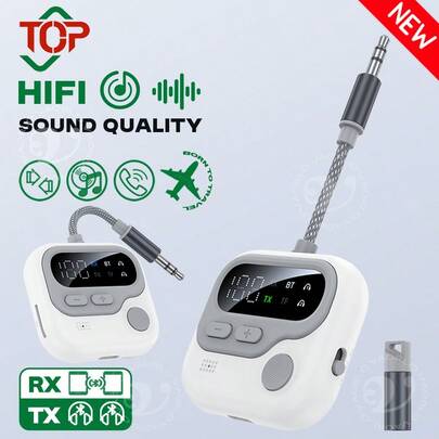 VAORLO 蓝牙5.4多点音频发射器接收器，3.5mm AUX接口，TF卡，HIFI立体声音乐双流无线适配器，带麦克风和LED显示屏，适用于电视、电脑、音箱、汽车、飞机等设备。
