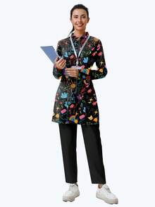 cimmuovere Women's Printed Zip-Up Scrub Jacket With Pockets, Workwear For Nurse, Dentist, Healthcare, Pet Hospital, Laboratory Black Spring - Black - View 5