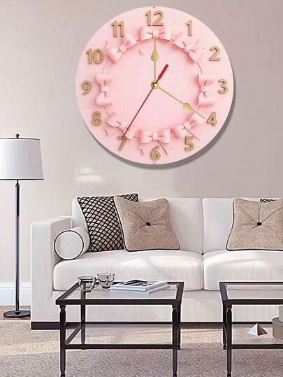 2D 平面粉色蝴蝶结设计装饰钟，带数字显示，适用于客厅、卧室、办公室家居装饰礼品（不含电池），2D 平面