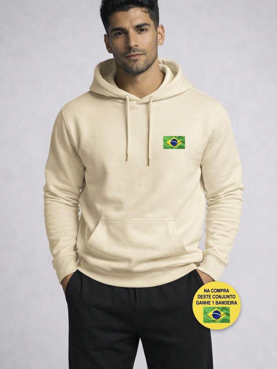 Men's Casual Hoodie And Slim Fit Jogger Pants Set, Brazilian Flag Print, Comfortable Sportswear For Winter, Modern Streetwear, Urban Men's Look, Soft And Breathable Fabric + FREE BRAZILIAN FLAG GIFT - 米色 - 查看 1
