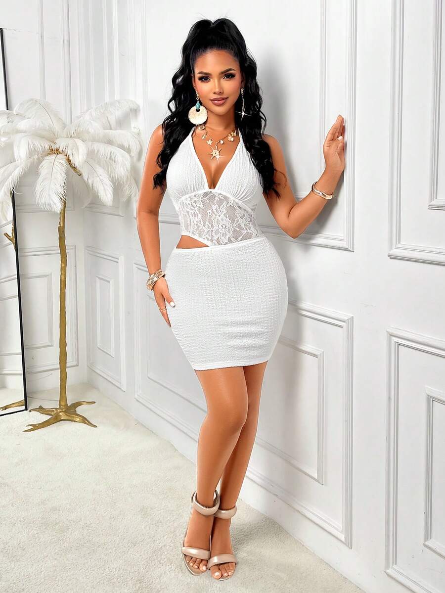 AIJ Amarilo 女士白色纹理蕾丝优雅性感时尚露背吊带露背腰部镂空无袖迷你连衣裙，适合夏季、春季、秋季派对、海滩度假、婚礼宾客、春假、节日、毕业季、假日季穿着，修身吊带连衣裙 - 白色 - 查看 1