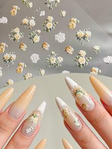 1 Sheet 5D Embossed Rose Nail Stickers - Yellow White Floral Decals For DIY Manicure - Multicolor - View 6