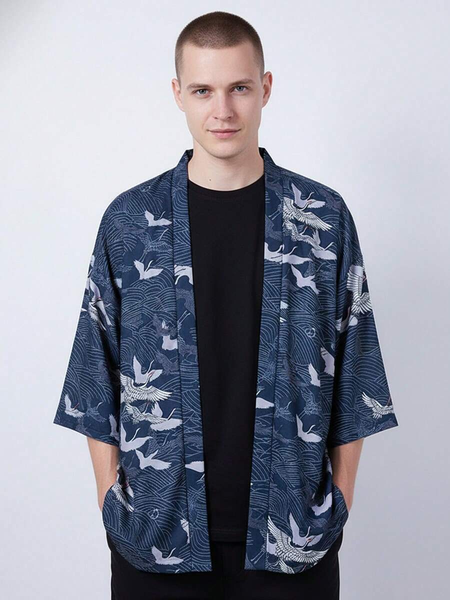 中国风复古仙鹤印花罩衫，汉服风格日式羽织，百搭夏季七分袖开襟和服轻薄雪纺罩衫 - 藏蓝色 - 查看 1