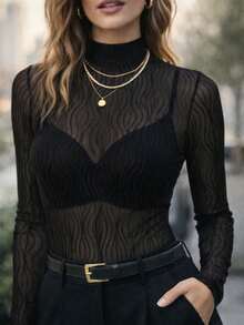 Women's Textured Tulle Bodysuit With Long Sleeves And High Neck - Premium Style - 黑色 - 查看 1