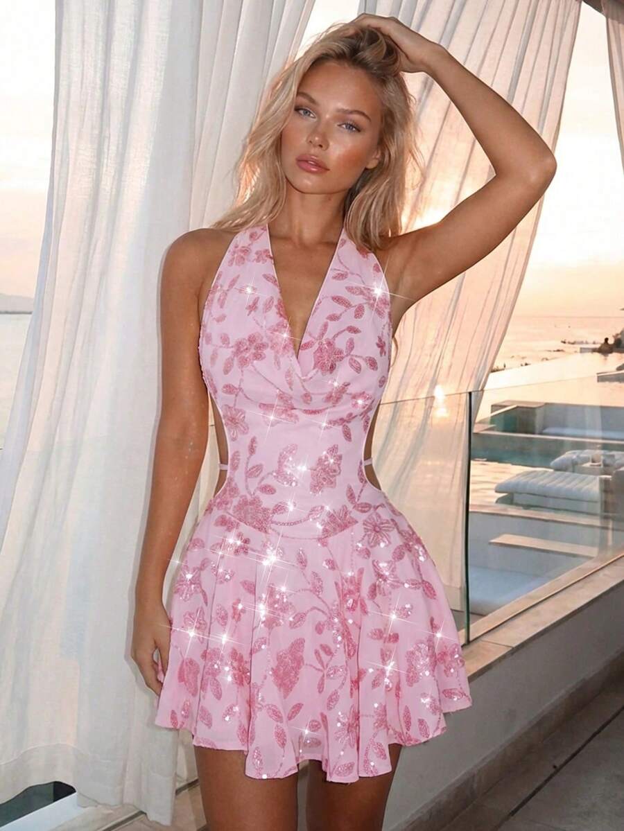 Đầm ngắn hở lưng dây mảnh màu hồng đính sequin họa tiết hoa thanh lịch dành cho nữ, đầm dự tiệc gợi cảm. - Hồng - Xem 1
