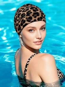 1PC Leopard Print Pleated Swim Capsuitable,Elastic Fabric, For Long Hair And Large Head Sizes,Perfect For Summer Pool Parties And Birthday Gifts. - A - View 1