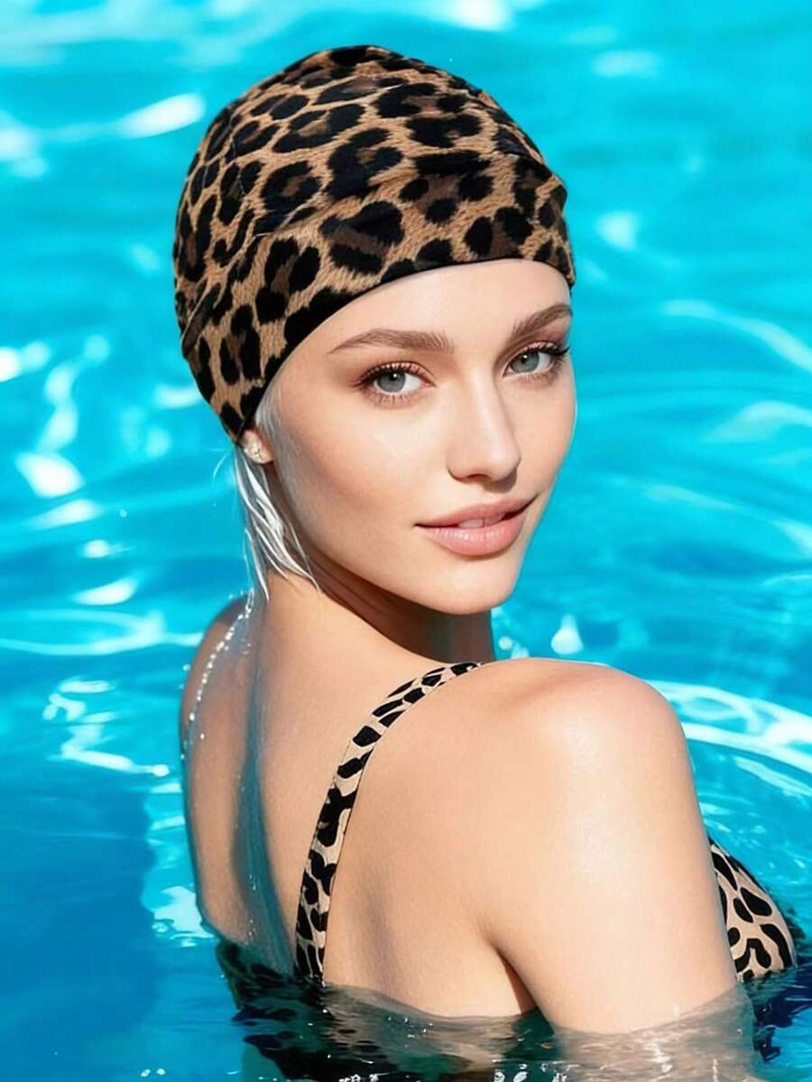 1PC Leopard Print Pleated Swim Capsuitable,Elastic Fabric, For Long Hair And Large Head Sizes,Perfect For Summer Pool Parties And Birthday Gifts. - A - View 1
