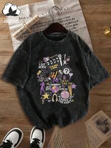Áo thun nữ chất liệu cotton mài kiểu retro in hình nhạc và phim. - màu đen - Xem 3