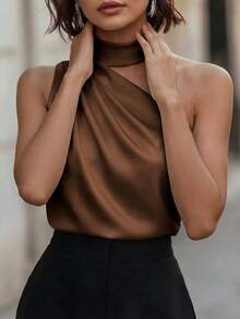 1 pieza Blusa elegante sin mangas de satén de unicolor con volantes asimétricos/asimétricos, adecuada para verano, vacaciones, oficina, hogar, uso diario, fiesta de cumpleaños, eventos forma - Celeste - Ver 8