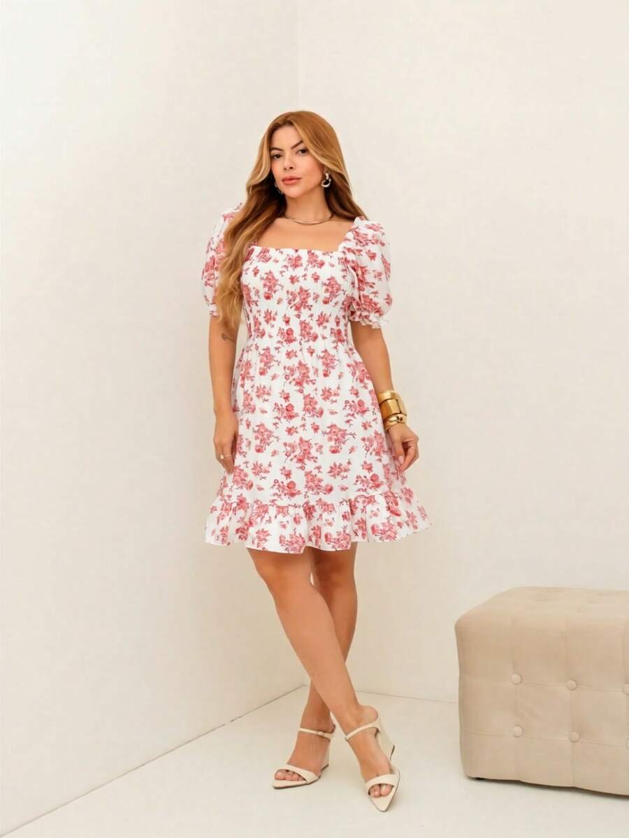 RAINBOW Women's Short Princess Floral Dress With Puff Sleeves And Elasticated Fabric - Elegant Fashion - One Size Fits 36-42 (Brazilian Sizes) - Crepe Fabric - 128-ROSA BB - 查看 1